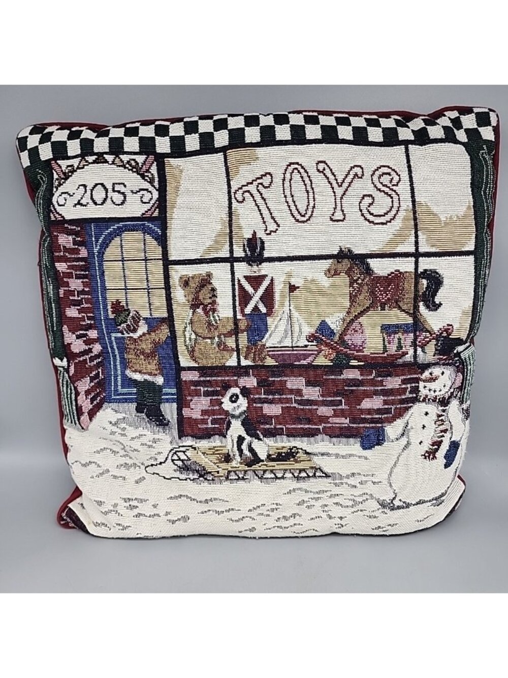 Vintage Tapestry Christmas Tapestry Toy Store Pillow 16" x 16" Bear Dog Snowman